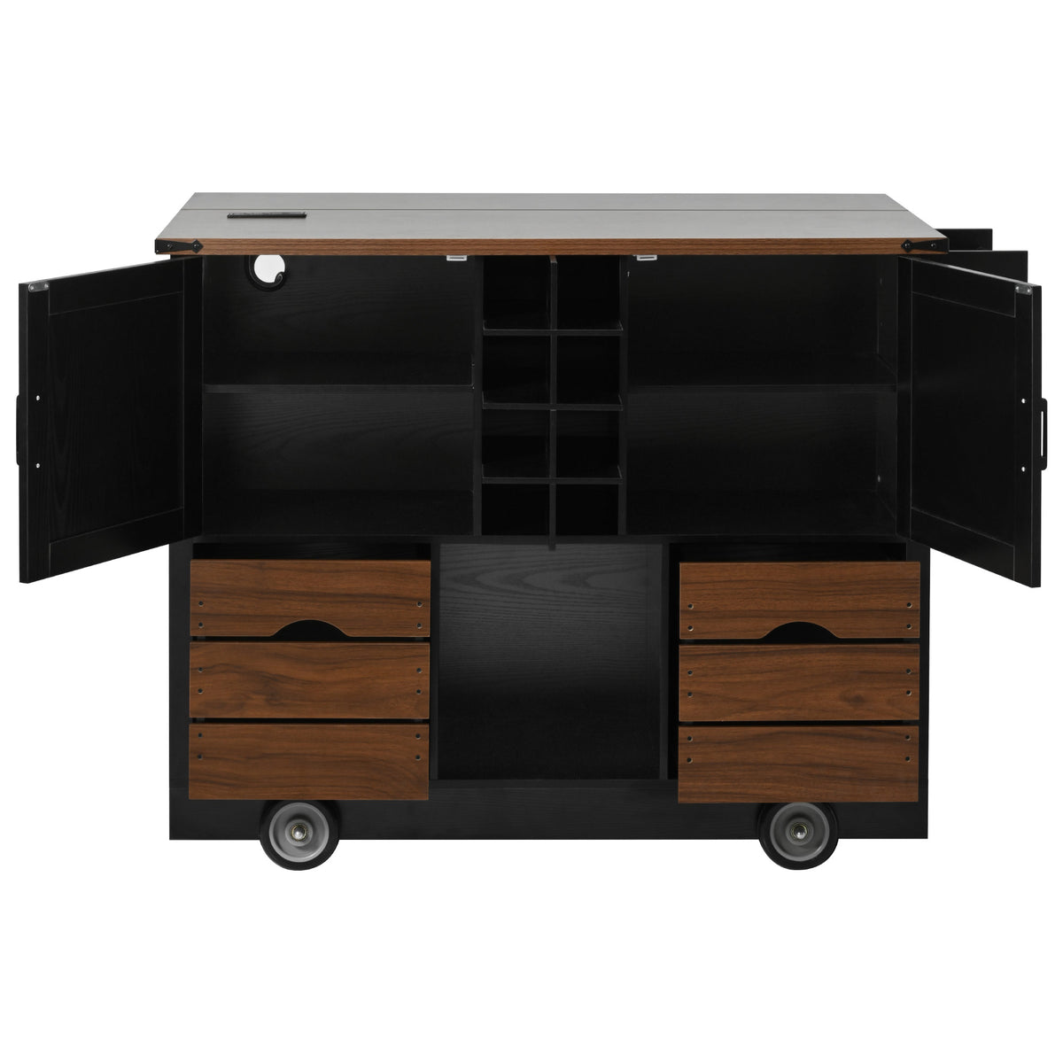 variant-group:rf-n707p349814b|Roomfitters 54" Farmhouse Kitchen Island with Drop Leaf, Power Outlet, Wine Rack, 2 Drawers, 2 Doors, Black