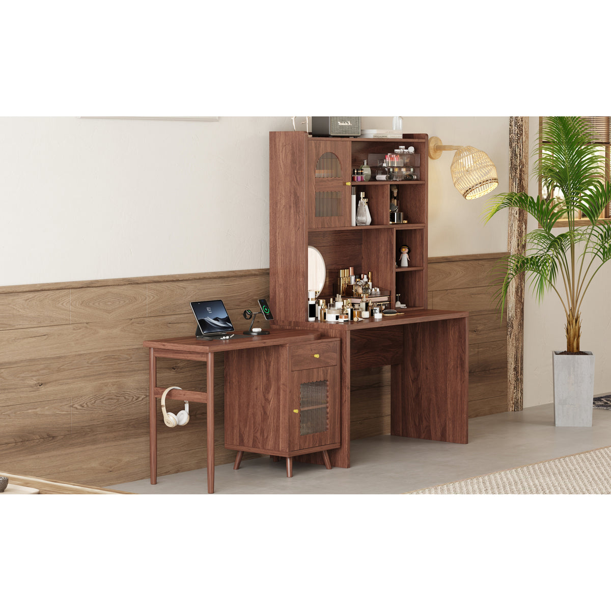 variant-group:rf-n733s363716d|Roomfitters Rotating L-Shaped Computer Desk with Shelves and Storage, 90° Swivel Office Writing Desk, Walnut