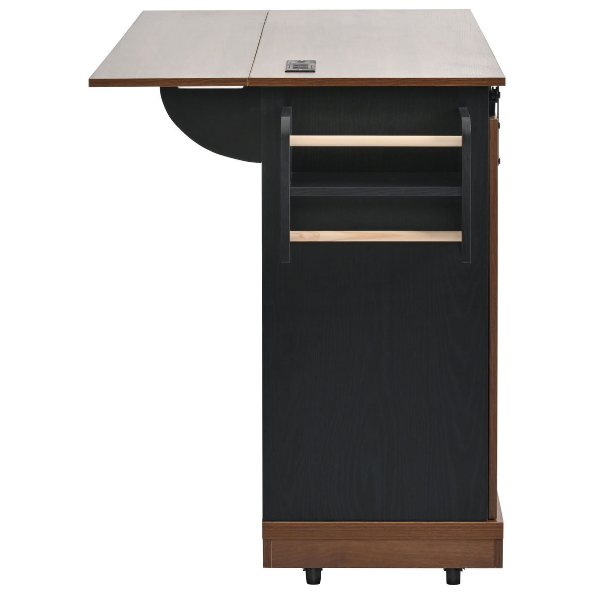 variant-group:rf-n707p288229b|Roomfitters 55.5" Rolling Kitchen Island with Drop Leaf, Mobile Kitchen Storage Cart with Sliding Barn Door, Power Outlets, Black