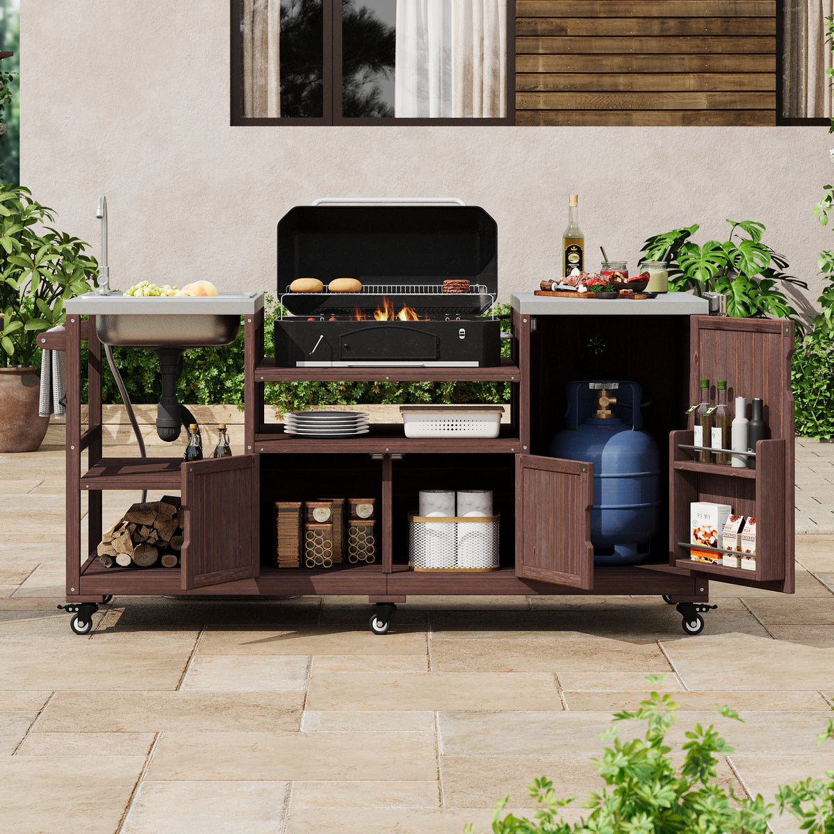 variant-group:rf-n707s000022z|Roomfitters 75.4" Outdoor Kitchen Island with Sink, Fir Wood Grill Cart for XL Green Egg & Tabletop Grills, Brown