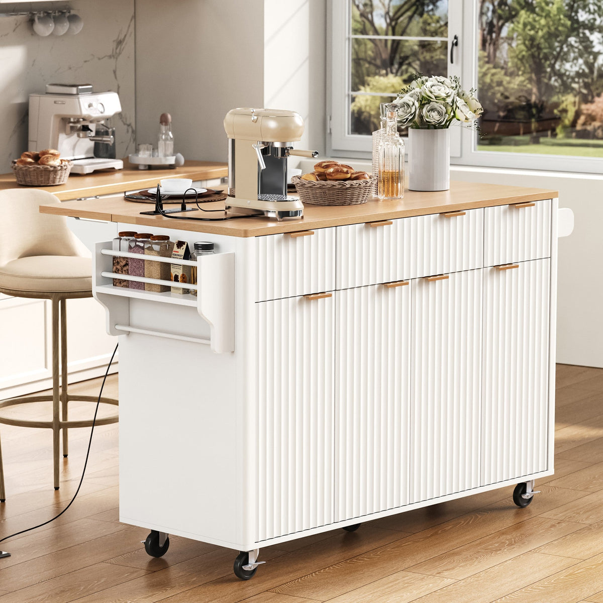 Roomfitters 55.5" Kitchen Island with Power Outlet and Drop Leaf, Rolling Storage Cabinet with Fluted Door Design, White