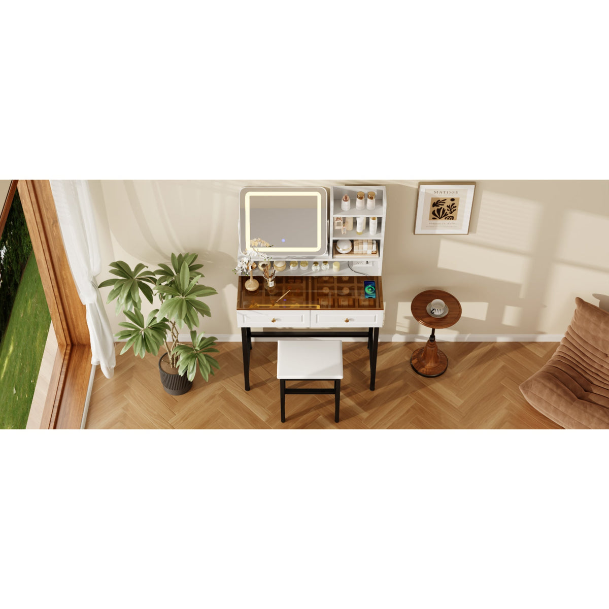 Roomfitters Makeup Vanity with LED Lighted Mirror, Glass Top, Charging Station and Storage Hutch, Vanity Table Set, Black+White Roomfitters
