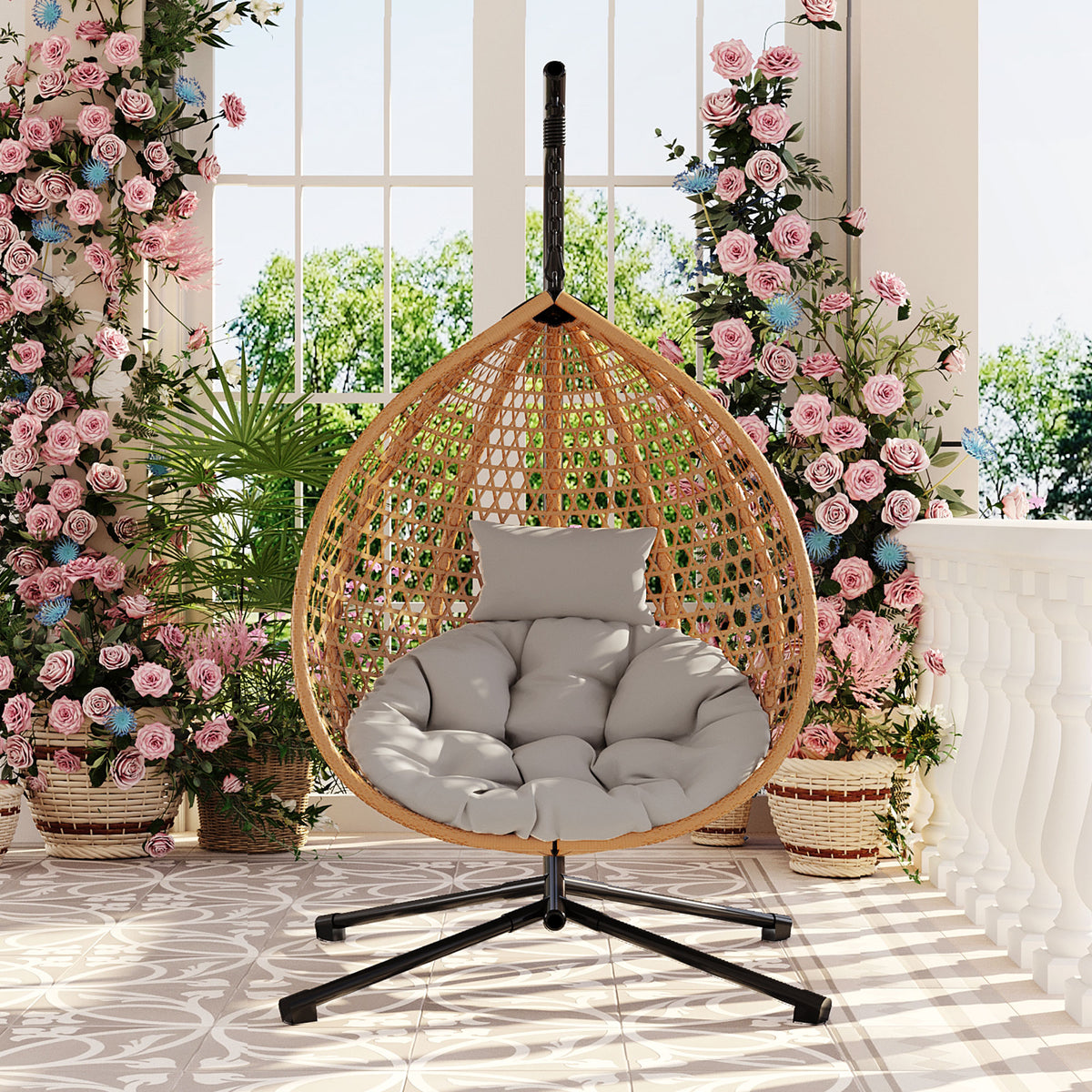 variant-group:rf-n711p255131s|Roomfitters Hanging Egg Chair with Stand, Rattan Wicker Swing Chair with Cushion for Indoor Outdoor Patio Balcony, Brown