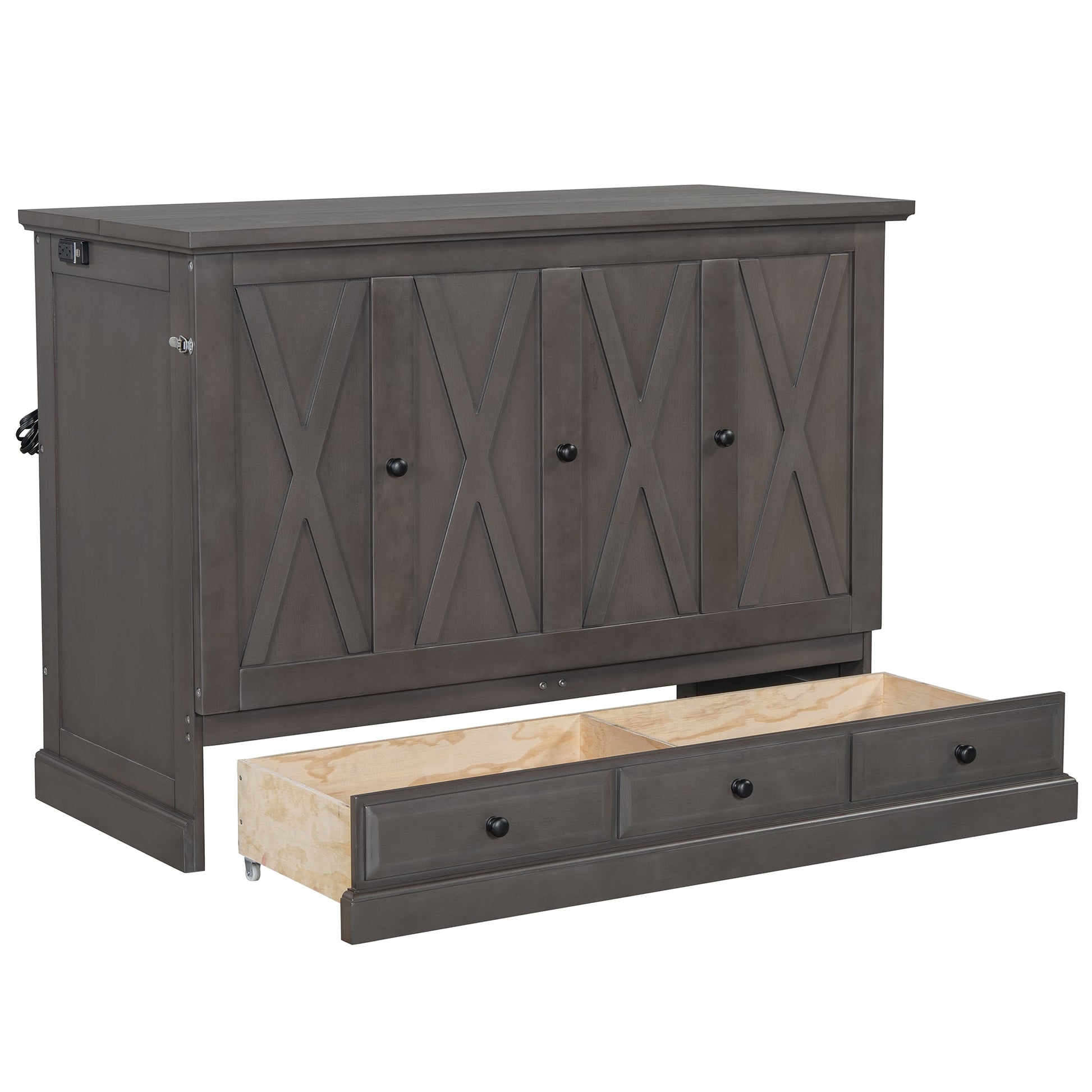 Roomfitters Full Size Solid Wood Murphy Bed Chest Cabinet, Farmhouse Wall Bed Charging Station Storage Drawer, Grey Roomfitters