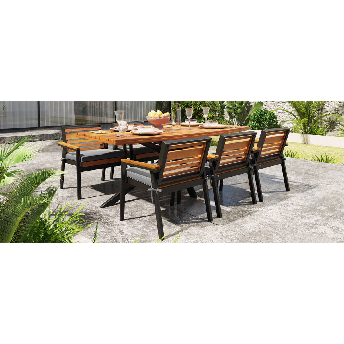 variant-group:rf-n704g201259e|Roomfitters Modern 7-Piece Patio Dining Set with Powder-Coated Iron Frame and Detachable Gray Cushions