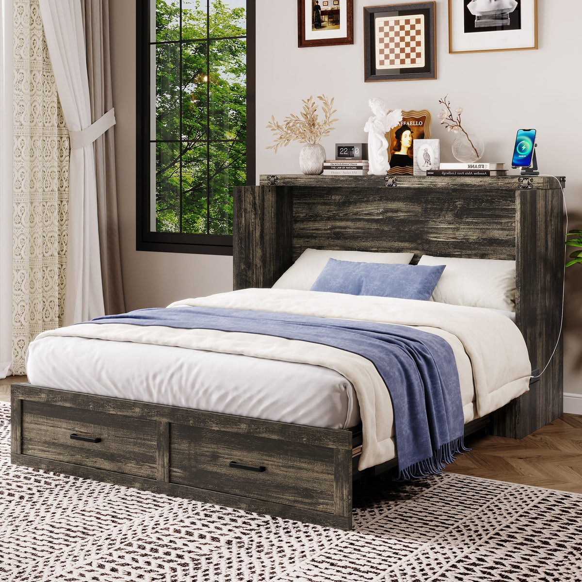 Roomfitters Queen Size Murphy Bed Cabinet with Charging Station, Foldable Platform Bed with Storage Drawer, Rustic Gray