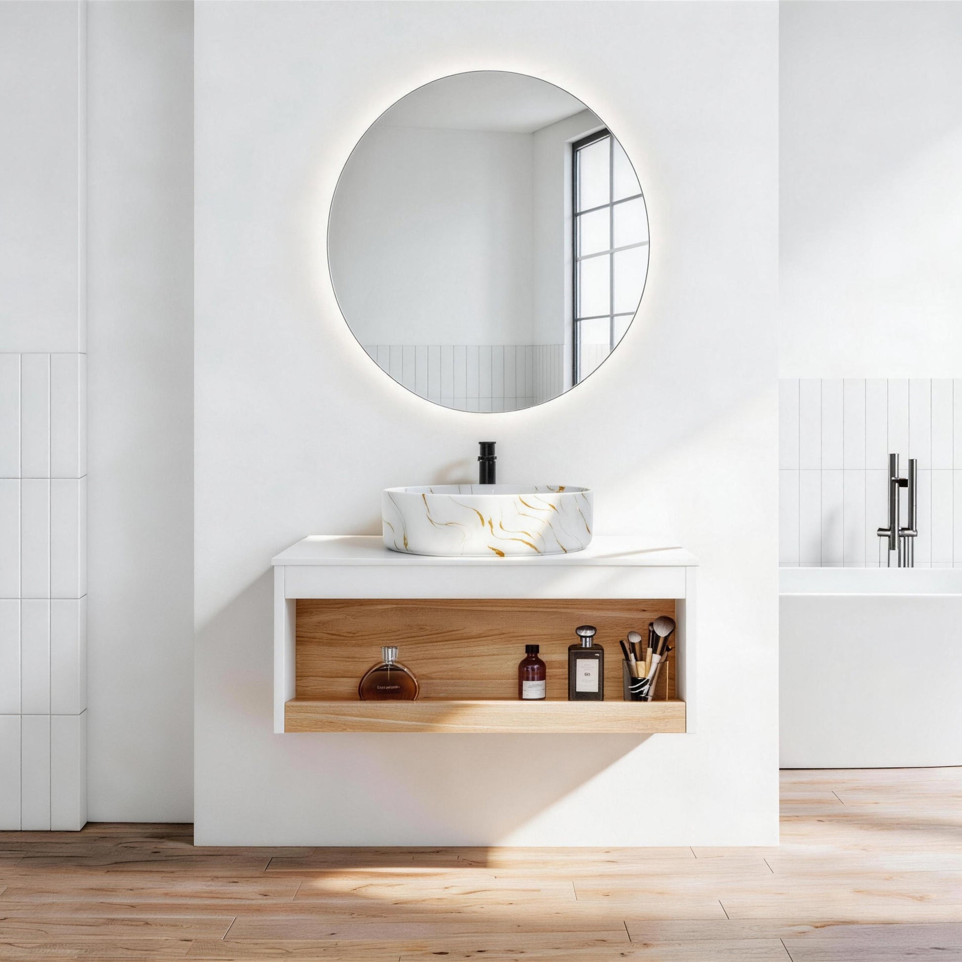 30" Floating Bathroom Vanity with Gold Vein Marble Vessel Sink, Wall-Mounted Vanity with Open Shelf Storage, White Finish with Wood Accent, Space-Saving Modern Design (Ships in 2 Boxes)