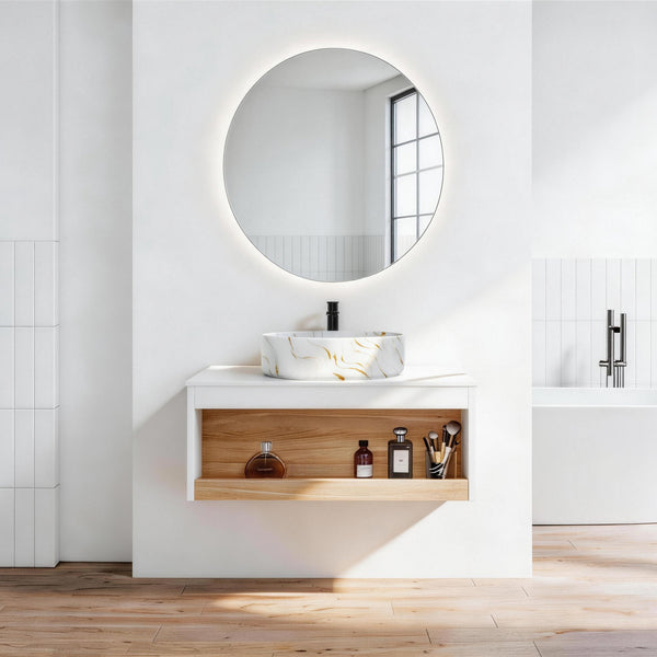 30" Floating Bathroom Vanity with Gold Vein Marble Vessel Sink, Wall-Mounted Vanity with Open Shelf Storage, White Finish with Wood Accent, Space-Saving Modern Design (Ships in 2 Boxes)