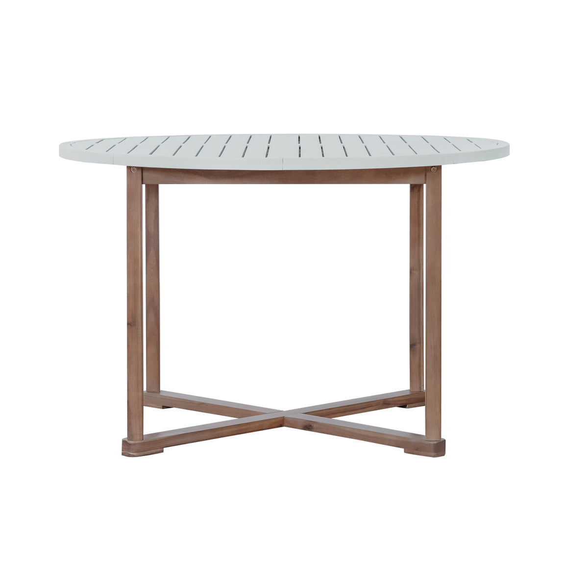 variant-group:rf-n711wy000475aad|Roomfitters 5-Piece Outdoor Dining Set for 4, 47.2-Inch Round Acacia Wood Table, Light Grey Slatted Patio Group
