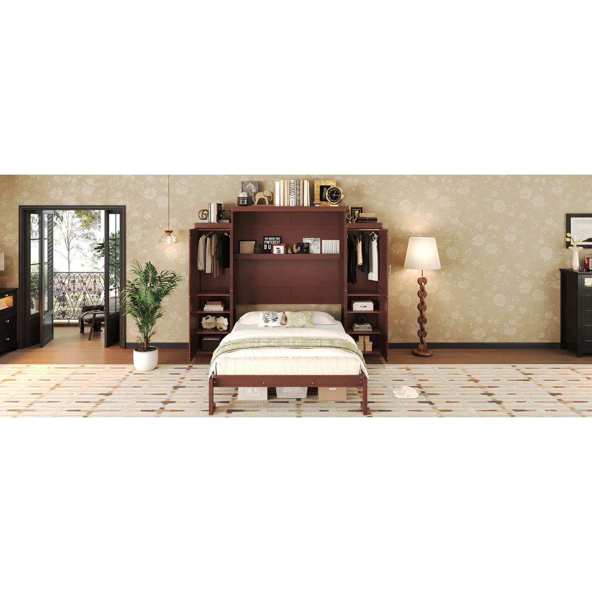 variant-group:rf-n733s235627d|Roomfitters Queen Murphy Wall Bed with Two Wardrobes and Storage Shelf, Foldable Platform Bed Frame for Guest Room, Walnut