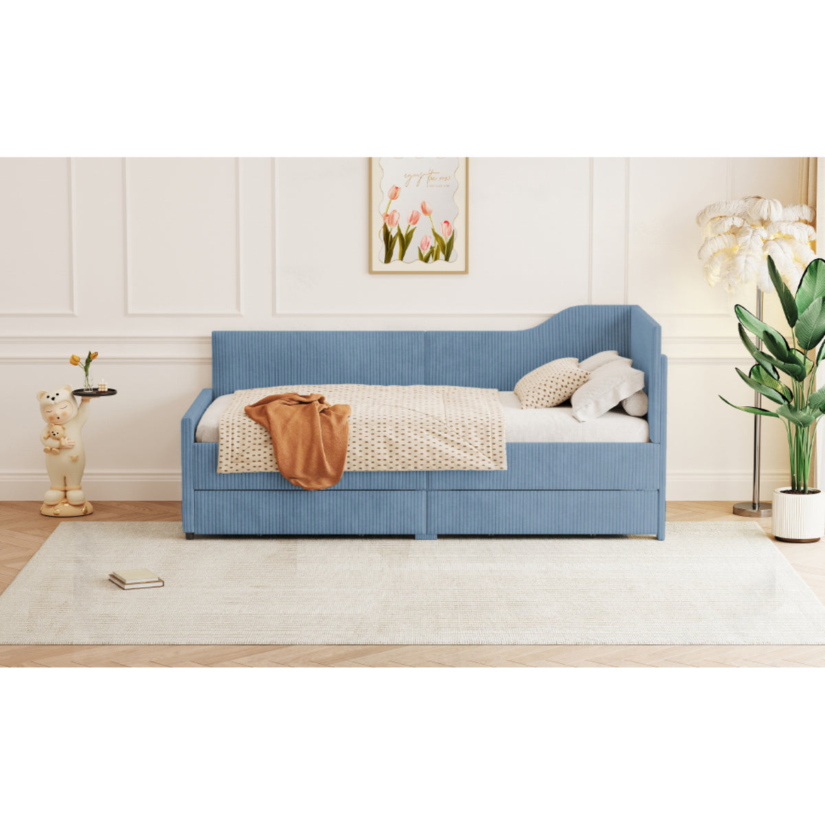 variant-group:rf-n733p171470c|Roomfitters Twin Size L-Shaped Corduroy Daybed, Upholstered Platform Bed Frame with 2 Spacious Storage Drawers for Functional Elegance, Blue