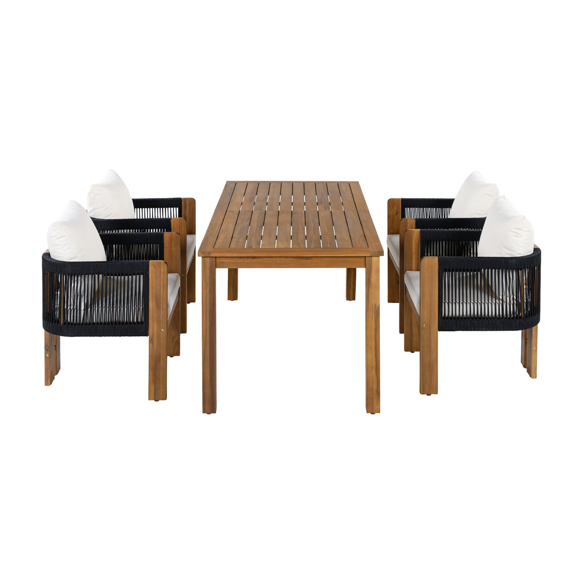 variant-group:rf-n711wy000496aab|Roomfitters 5-Piece Rope Woven Outdoor Dining Set, Farmhouse Solid Acacia Table, 4 Chairs Pack, Black and Brown
