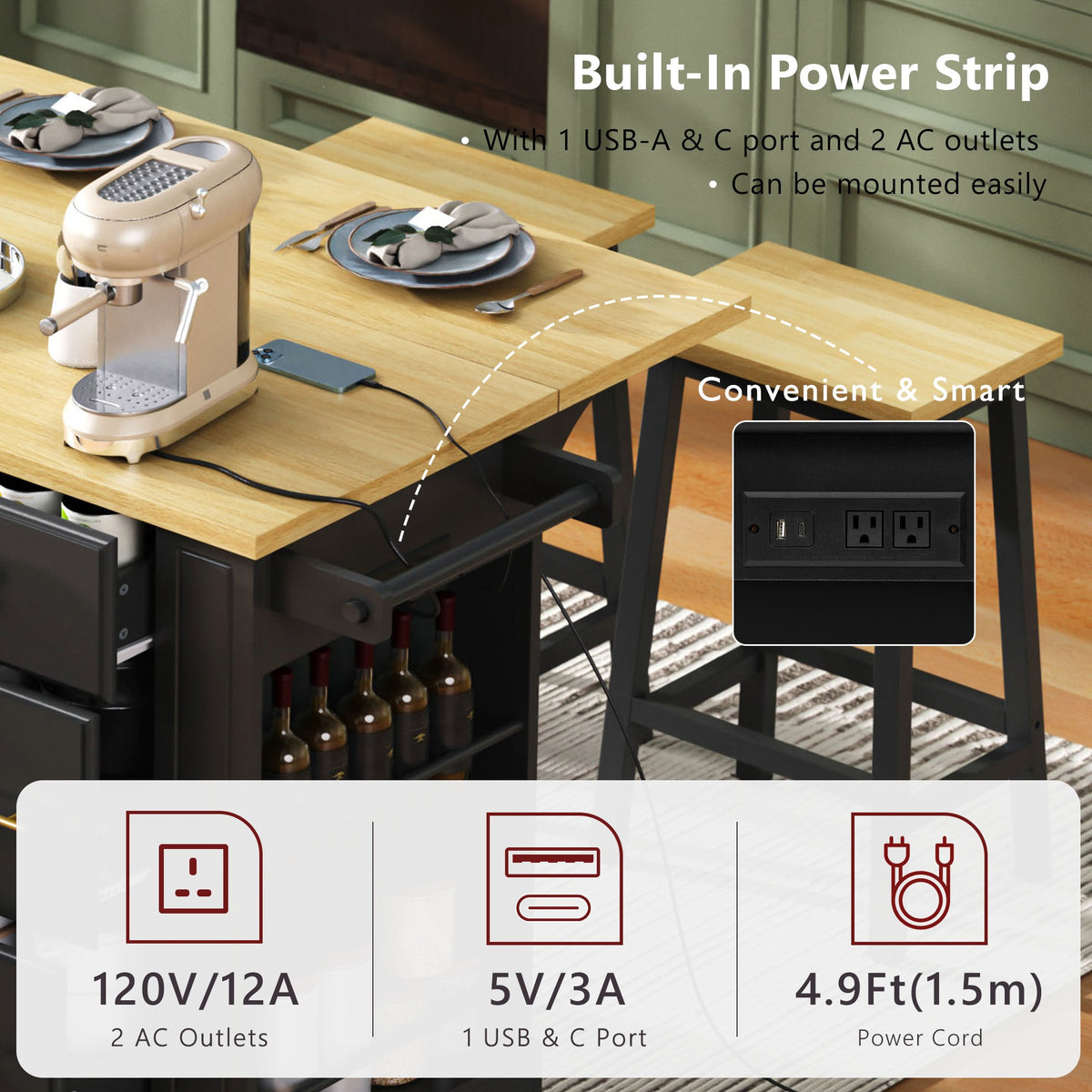 variant-group:rf-n707s307292b|Roomfitters 51" Kitchen Island with Power Outlet and Drop Leaf, Rolling Cabinet with Pull-Out Trash Can Drawer, Black