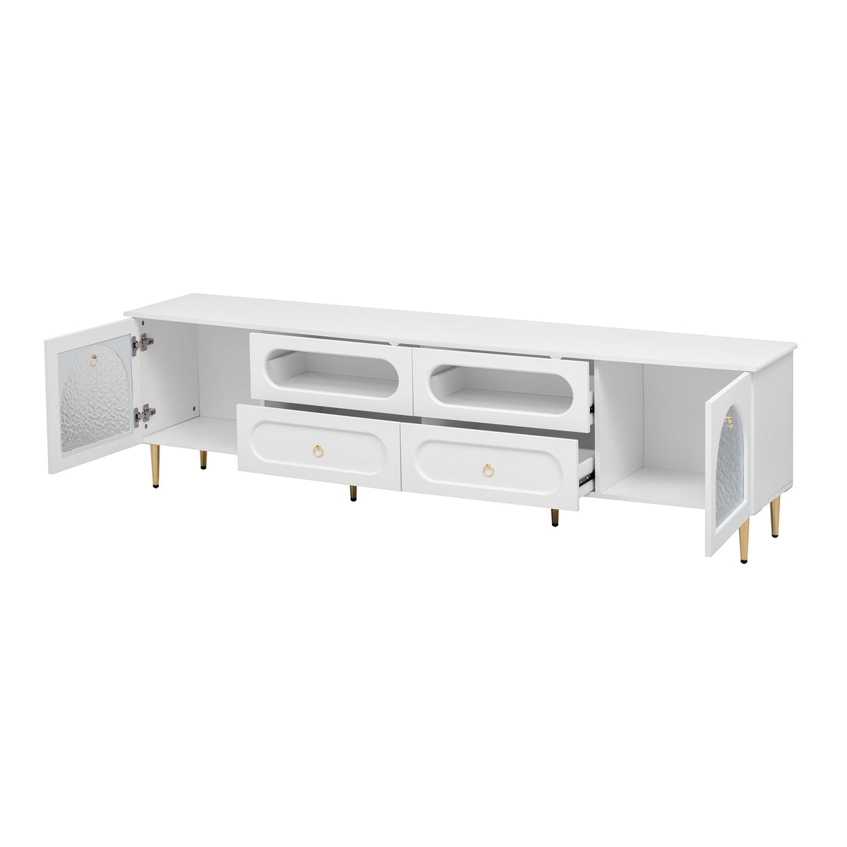 Roomfitters Retro TV Stand for up to 85 Inch TV, Media Console Cabinet with Drawers, Cabinets and Metal Legs, White Roomfitters