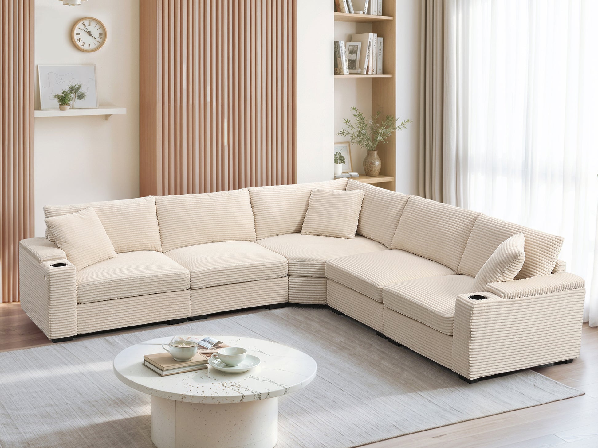 variant-group:rf-n723s1187a|Roomfitters 104 Inch Modern L-Shaped Sectional Sofa with Cup Holders, Comfortable Corduroy Upholstered Corner Couch, Beige