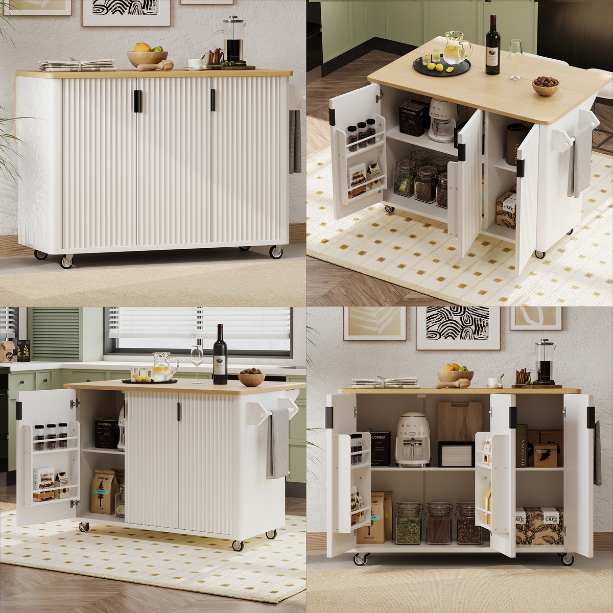 variant-group:rf-n707p221446w|Roomfitters 51" Fluted Kitchen Island with Drop Leaf, Rolling Cart with Storage Rack, Farmhouse Style, Towel Rack, White
