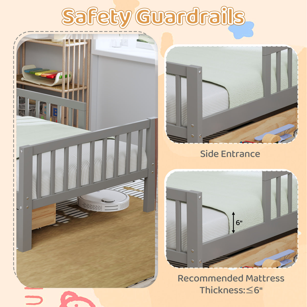 variant-group:rf-n733p272374e|Roomfitters Twin Bed with Headboard Storage Rack, Under-Bed Storage and Three-Side Guardrails, Gray
