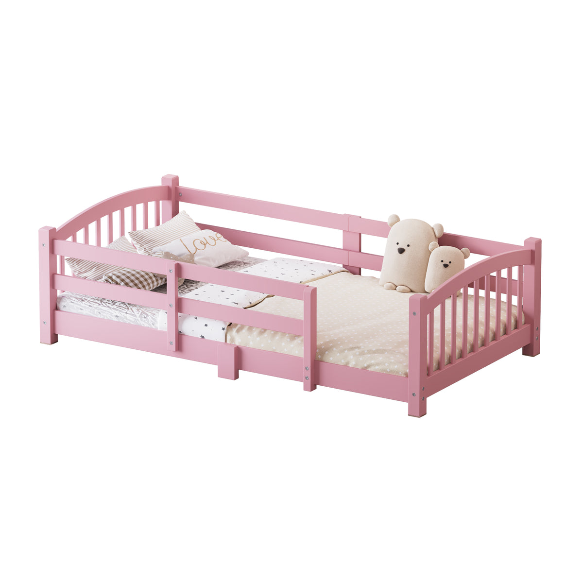 variant-group:rf-n733p400298h|Roomfitters Twin Montessori Floor Bed with Guardrails, Solid Wood Low Platform Bed with Slats, Easy Assembly, Pink