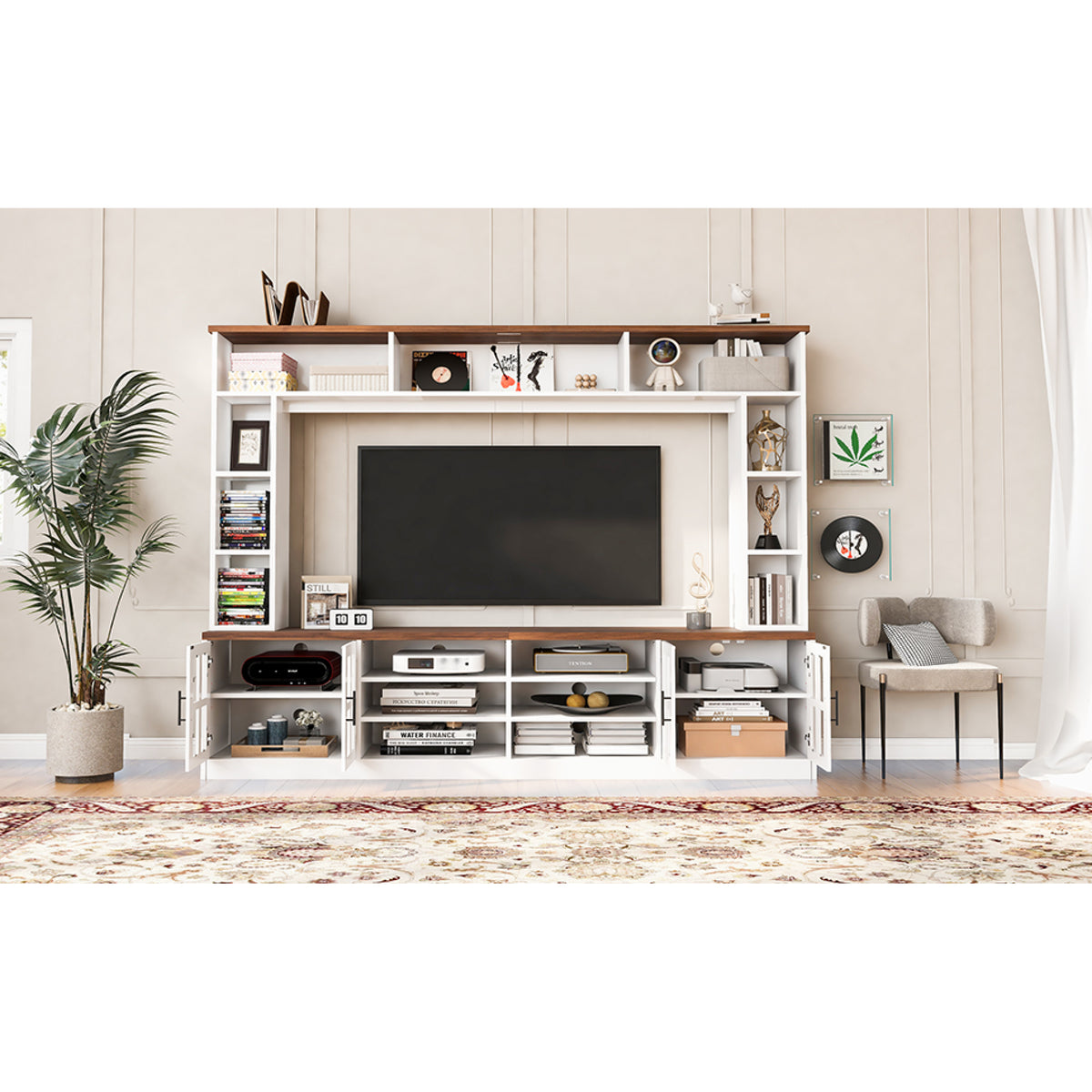 variant-group:rf-n724sj000127aak|Roomfitters Wall Unit Entertainment Center for up to 80 Inch TV, Media Console with Cabinets and Bookshelves, White
