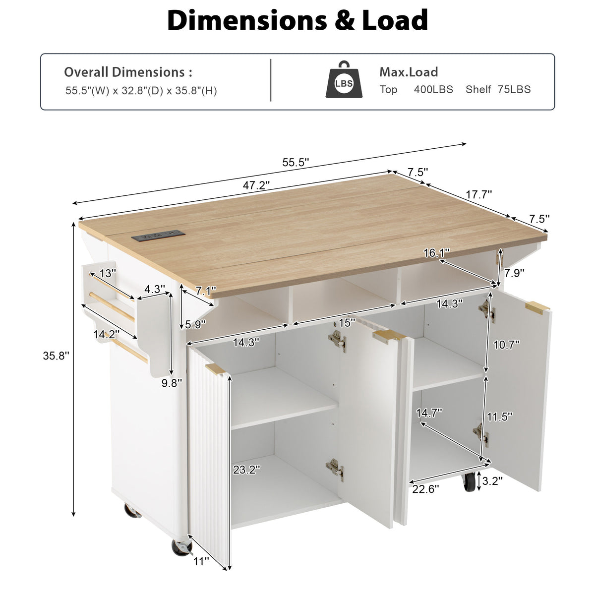 variant-group:rf-n707p353934w|Roomfitters 55.5" Fluted Kitchen Island with Double Drop Leaf, White Storage Cart with Power Outlet & Wood-grain Top