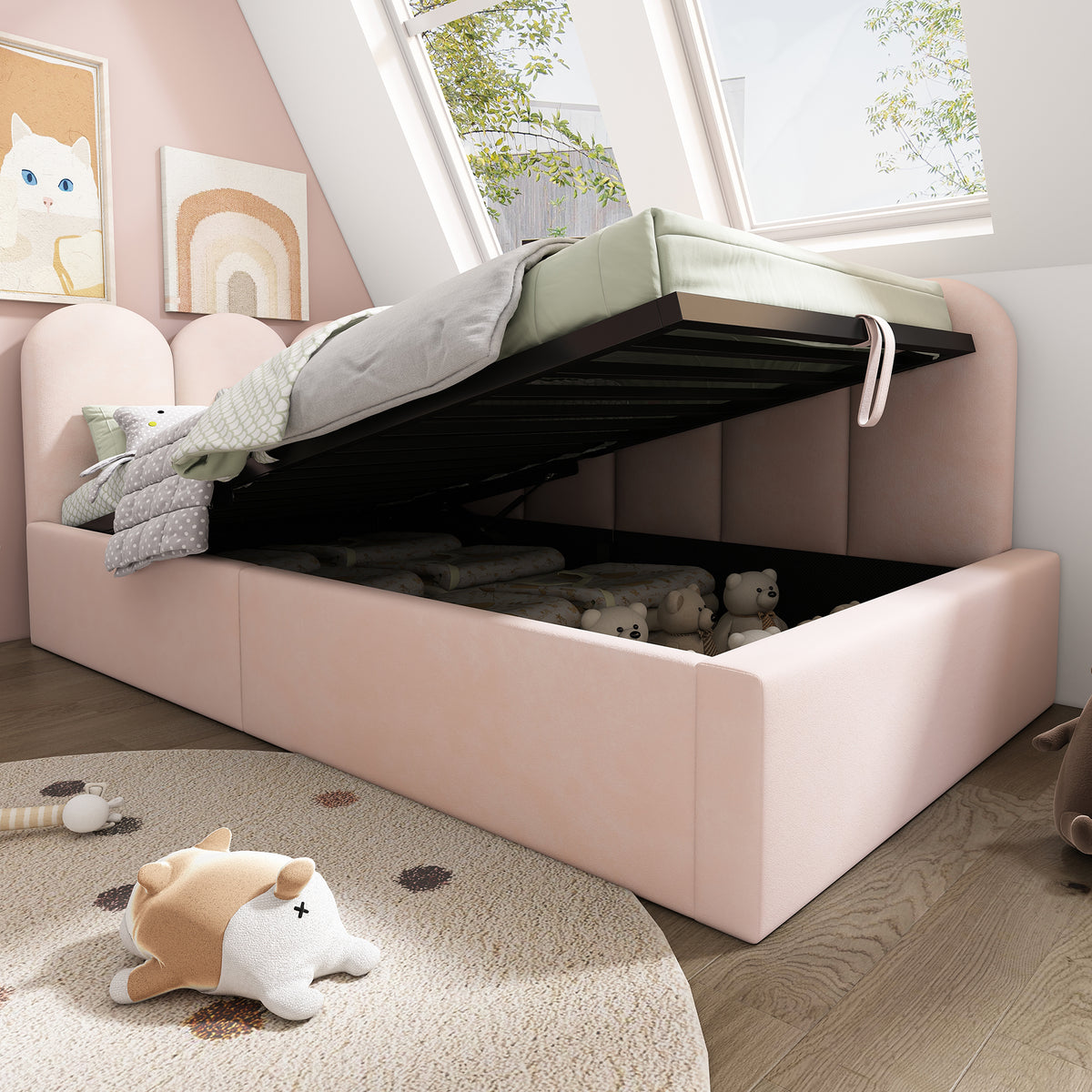 variant-group:rf-n736p333613p|Roomfitters Upholstered Twin Size Ottoman Daybed with Storage, Sofa Bed with Metal Slat Frame, Velvet Pink