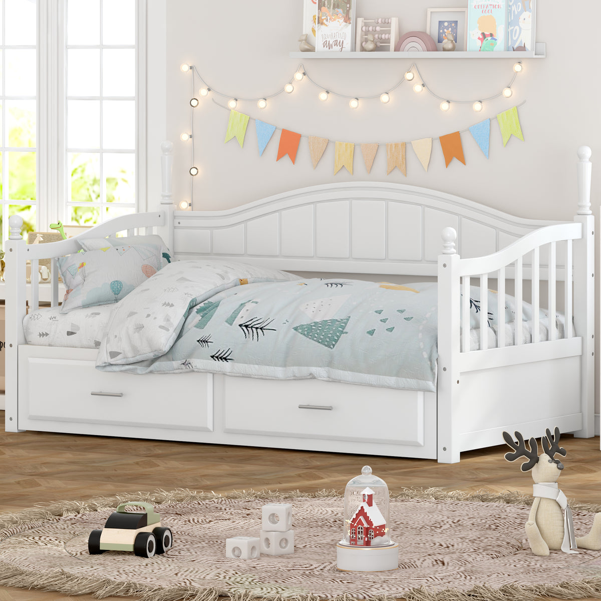 variant-group:rf-n733s173459k|Roomfitters Wooden Twin Size Daybed with Extendable Frame, Twin Trundle and Additional Storage Drawers, White