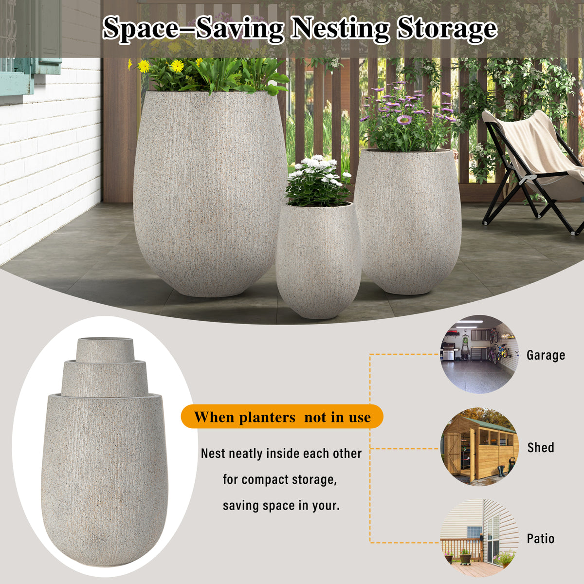 variant-group:rf-n711p406659e|Roomfitters Modern Egg-Shaped MGO Planter Set, 3-Piece Textured Faux Stone Flower Pots, Grey Patio Garden Urns