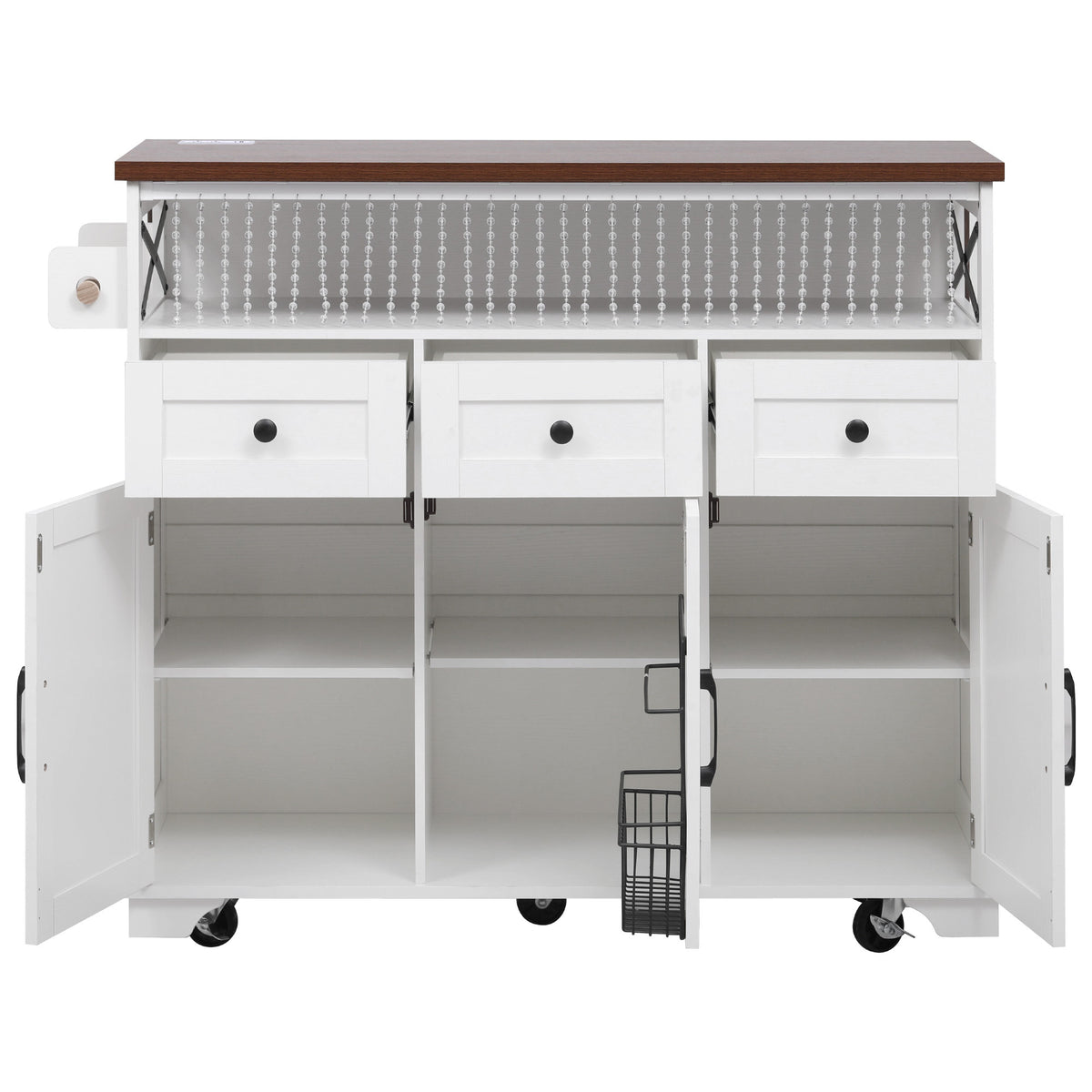 variant-group:rf-n707p254872w|Roomfitters 46.5" Rolling Kitchen Island with Drop Leaf, Mobile Cart with 2 AC Outlets & USB, Beaded Drape & 3 Drawers, White