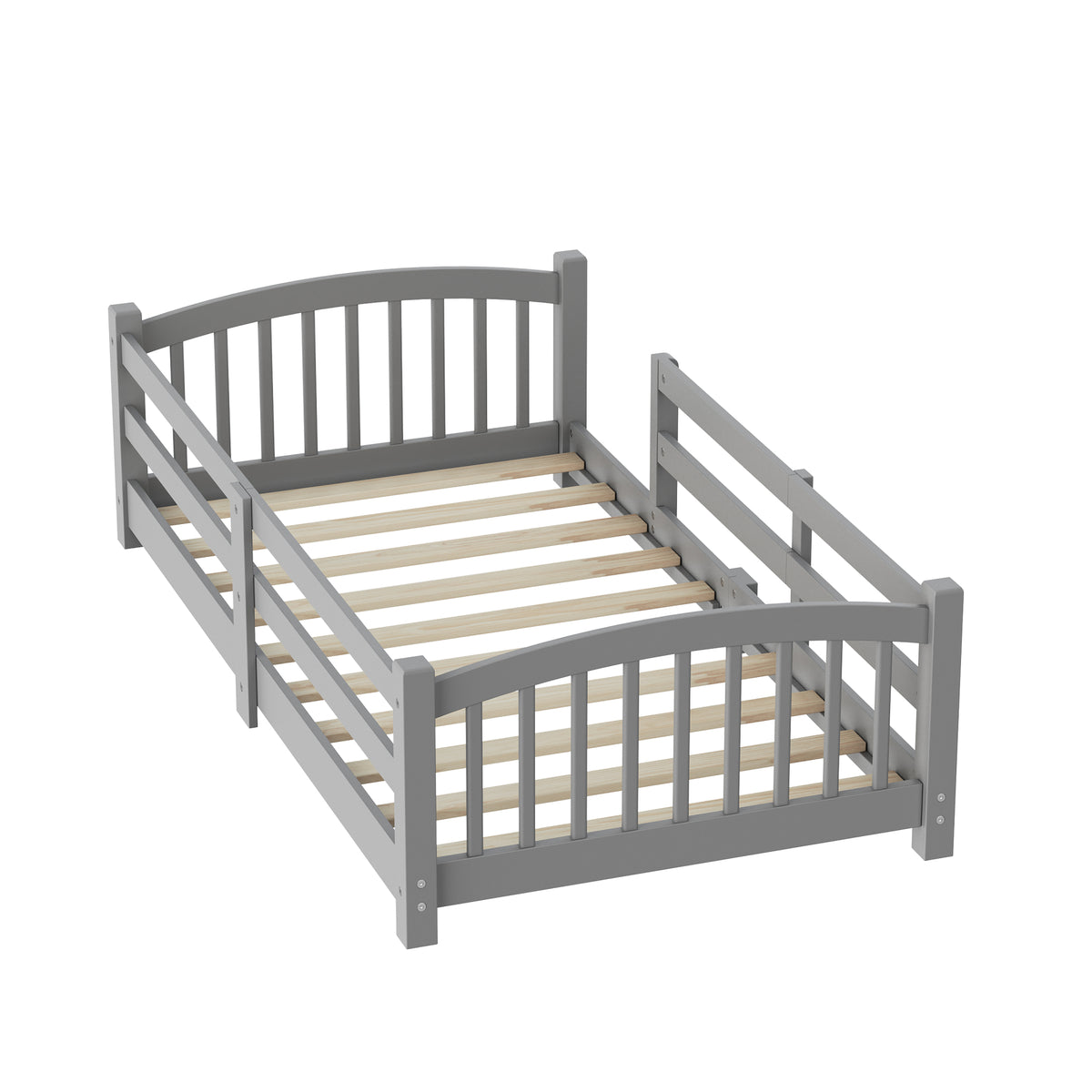 variant-group:rf-n733p400298e|Roomfitters Twin Montessori Floor Bed with Guardrails, Solid Wood Low Platform Bed with Slats, Easy Assembly, Gray