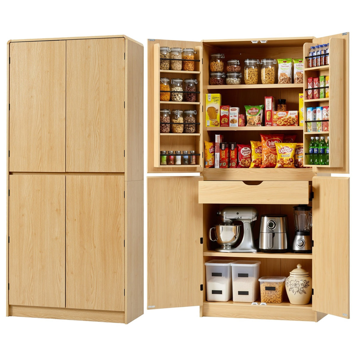 variant-group:rf-n707s000021y|Roomfitters 72" Tall Farmhouse Kitchen Pantry Cabinet with Curved Profile & 8 Door Shelves, Natural Oak