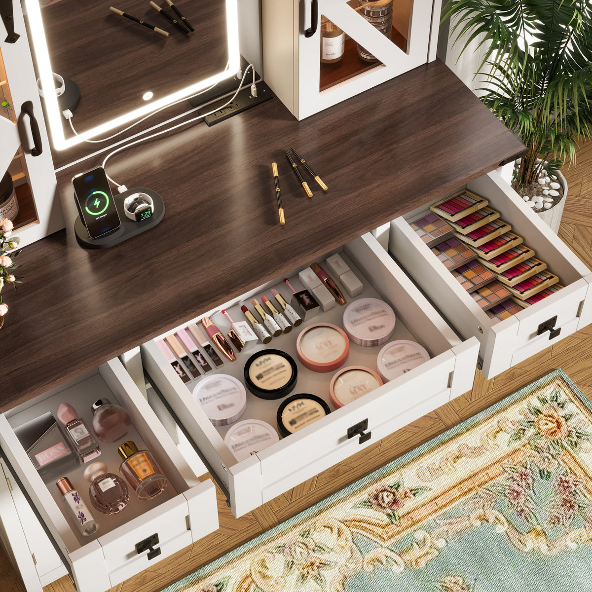 Roomfitters Farmhouse Makeup Vanity Desk with Lighted Mirror, Vanity Table Set with Storage Stool, Charging Station, Beige Roomfitters