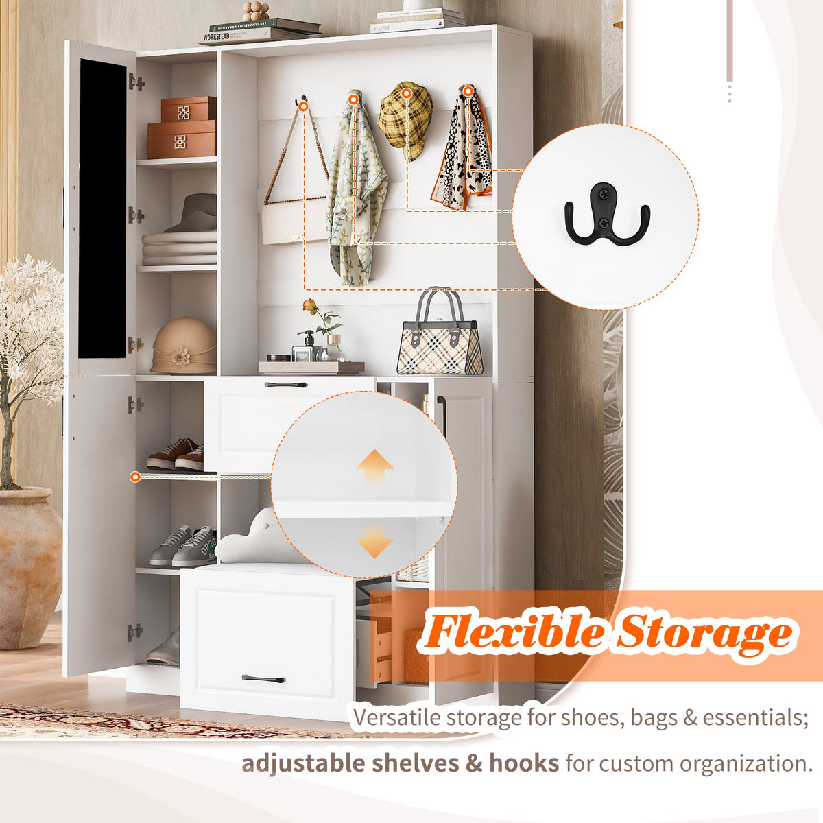 Roomfitters Entryway Bench with Shoe Cabinet and Mirror Door, Foldable Seat and 4 Hooks, White Roomfitters