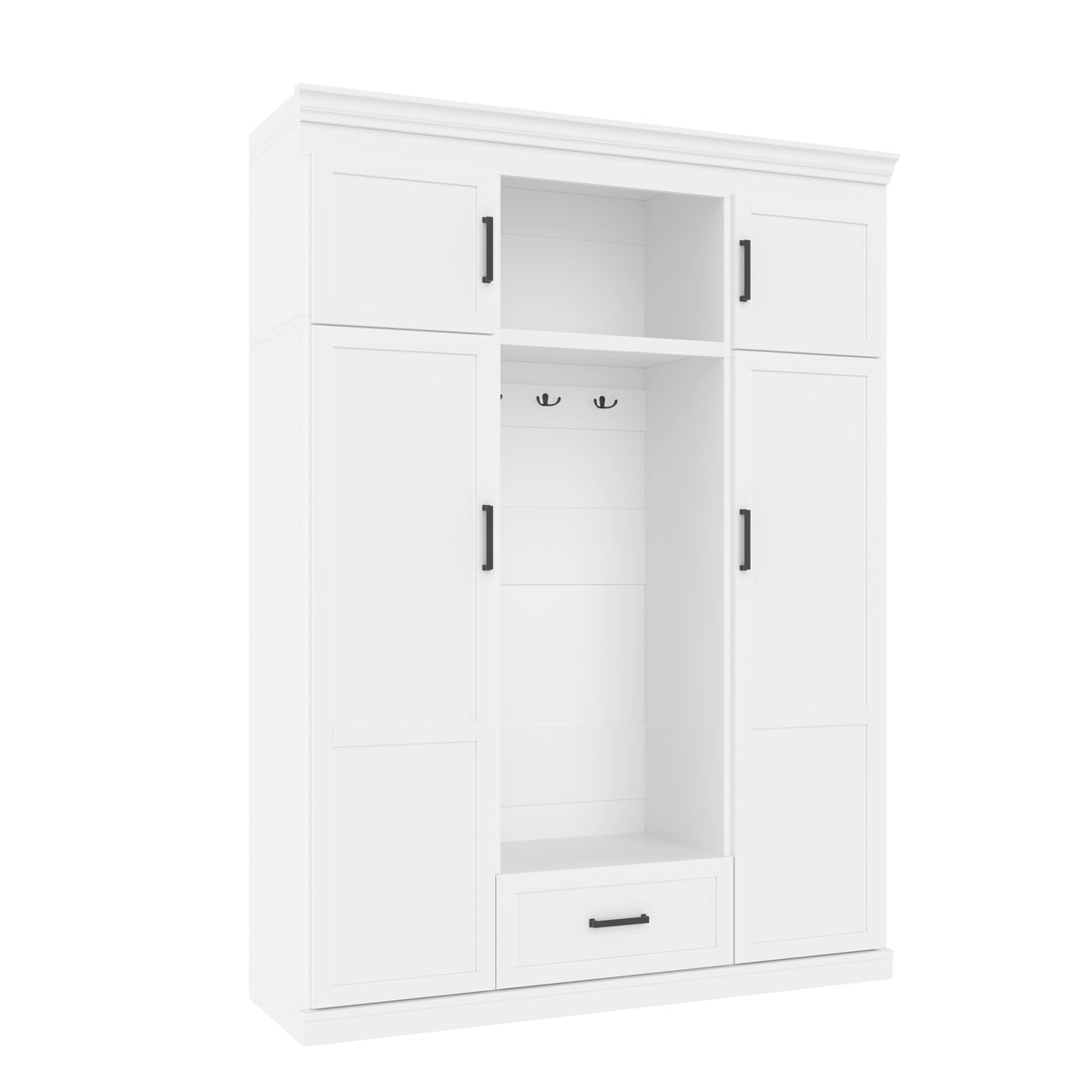 variant-group:rf-n724sj000140aak|Roomfitters 85.2" Hall Tree with Bench, 3 Hooks, 4 Doors, 1 Drawer and Adjustable Storage Shelves, White