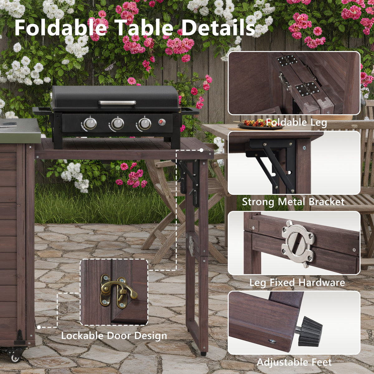 variant-group:rf-n707p370276z|Roomfitters 78.3" Outdoor Kitchen Island with Foldable Grill Table, Stainless Steel Top & Tilt Trash Can Storage, Dark Brown