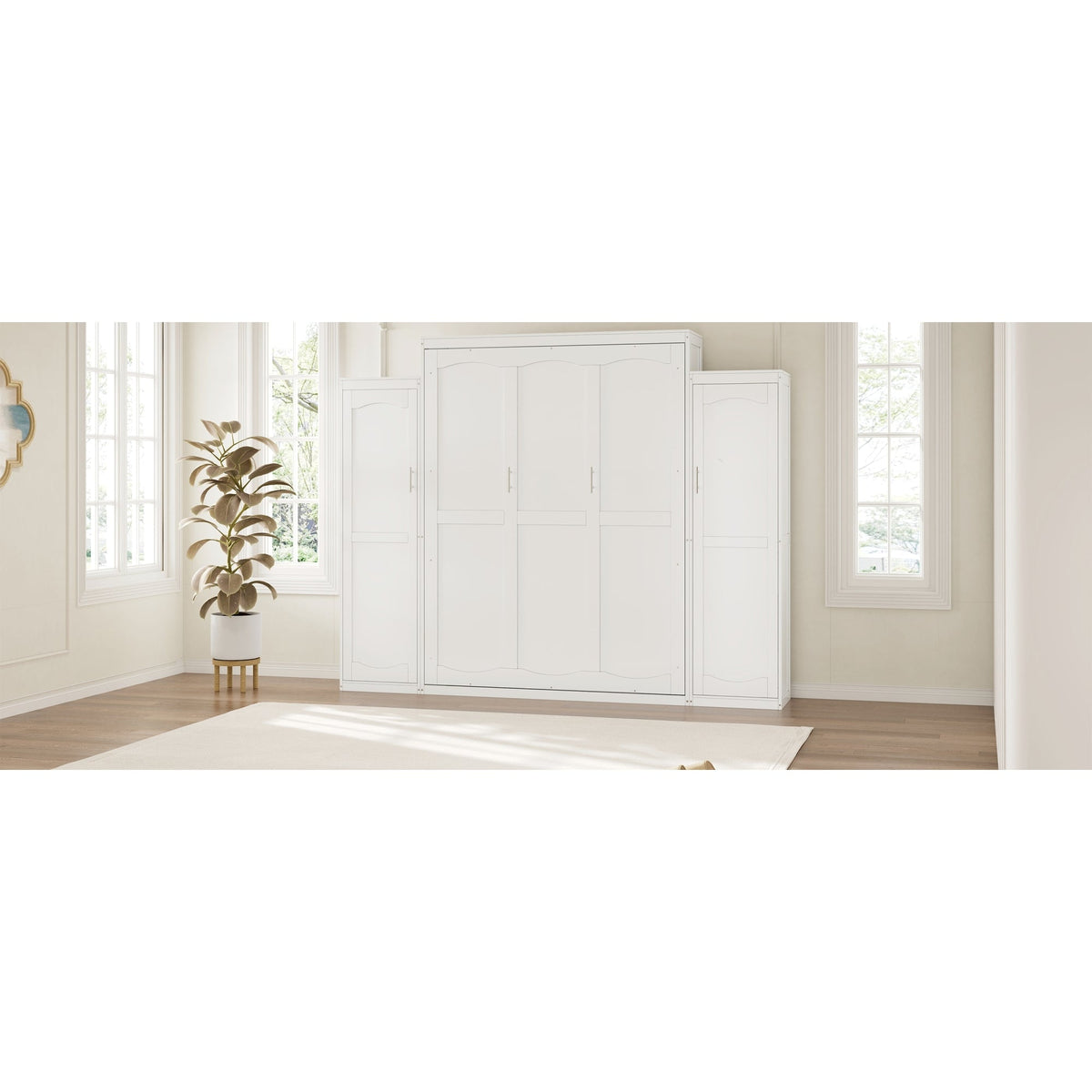 Roomfitters Queen Murphy Bed with Storage Cabinets and Shelf, Foldable Wall Bed Platform for Guest Room and Bedroom, White Roomfitters