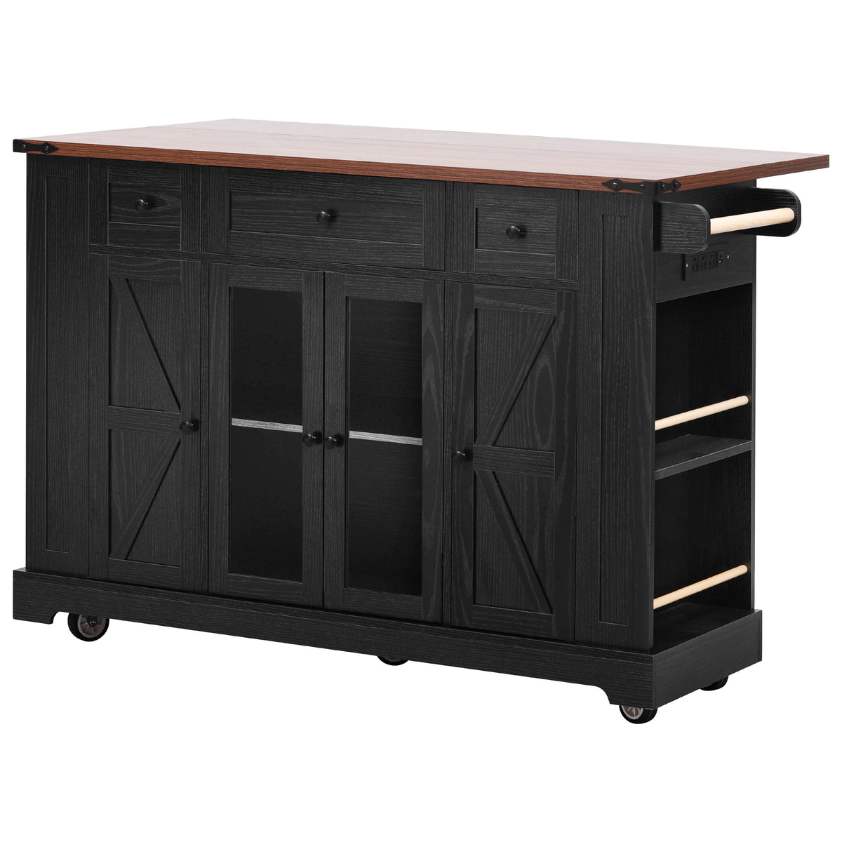 variant-group:rf-n707p263637b|Roomfitters 53" Rolling Kitchen Island with Drop Leaf, Mobile Cart with Glass Doors, 5 Side Shelves & Power Outlets, Black