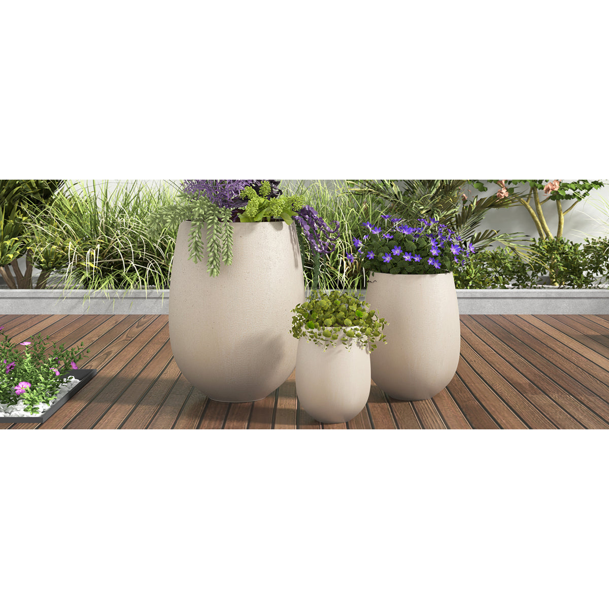 variant-group:rf-n711p406658e|Roomfitters Lightweight Round MGO Planter Set, 3-Piece Graduated Outdoor Flower Pots, Light Beige Weather-Resistant