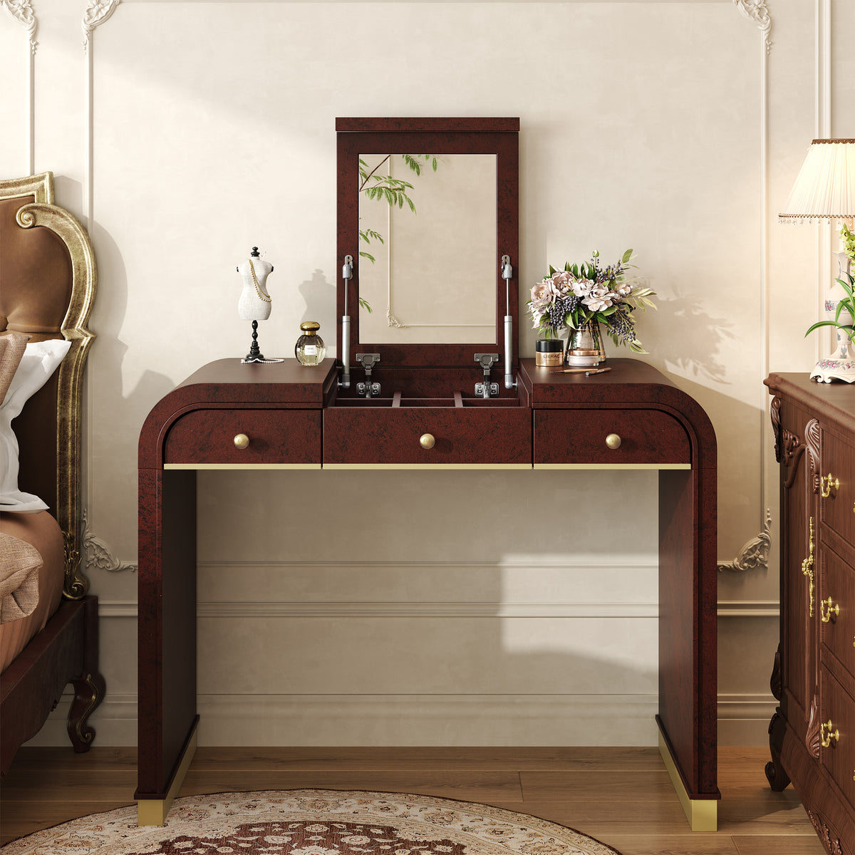 variant-group:rf-n704p381406p|Roomfitters Flip Top Vanity Desk with Mirror and Hidden Storage, Modern Makeup Table with Gold Trim for Small Space, Espresso