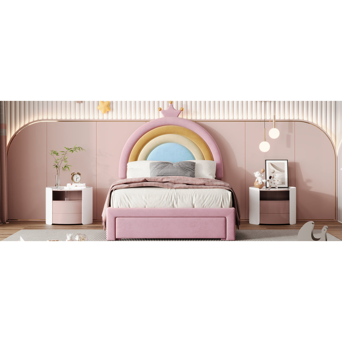 variant-group:rf-n733p234606h|Roomfitters Twin Size Upholstered Rainbow Design Bed, Velvet Princess Platform Bed with Storage Drawer, No Box-spring Needed, Colorful & Pink