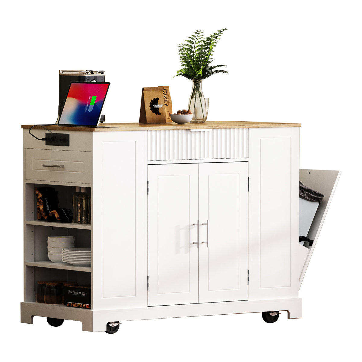 variant-group:rf-n707p221571w|Roomfitters Fluted Kitchen Island with Trash Can Cabinet, Power Outlet, Storage Rack, Rolling Cart with Open Side Racks, White