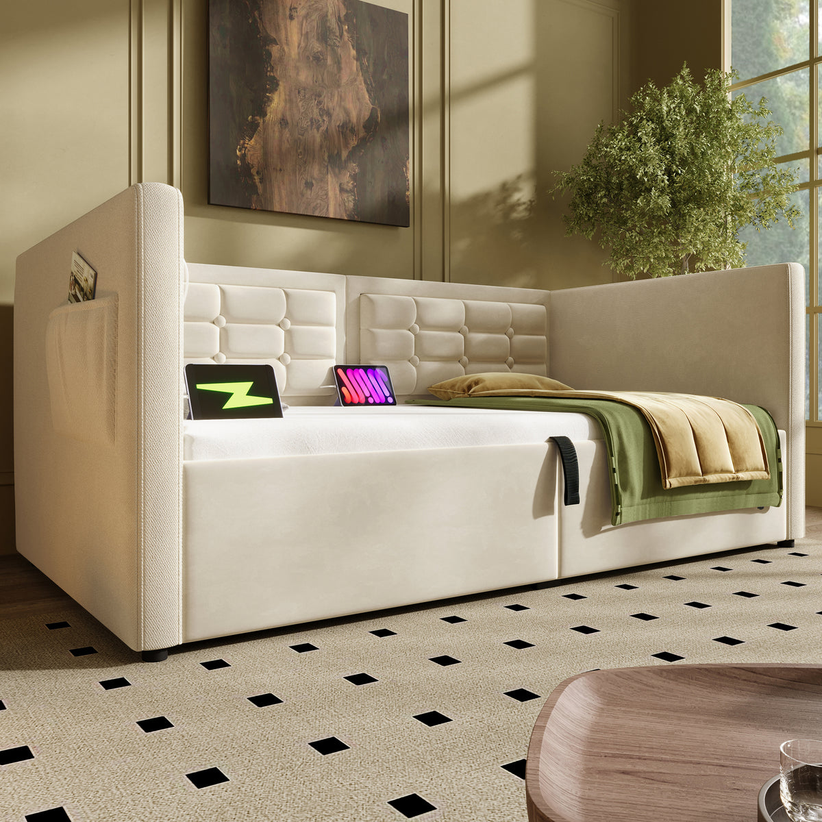 variant-group:rf-n736p303402b|Roomfitters Upholstered Twin Size Daybed with Storage, USB & Type-C Charging, Tufted Sofa Back, Velvet Beige