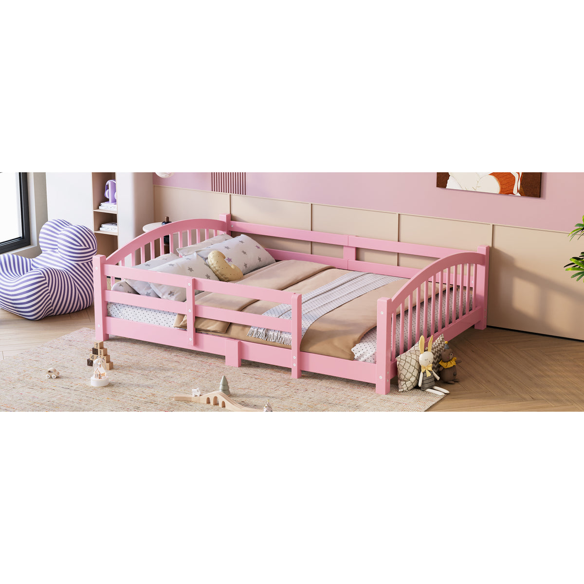 variant-group:rf-n733p400299h|Roomfitters Full Montessori Floor Bed with Guardrails, Solid Wood Low Platform Bed with Slats, Easy Assembly, Pink