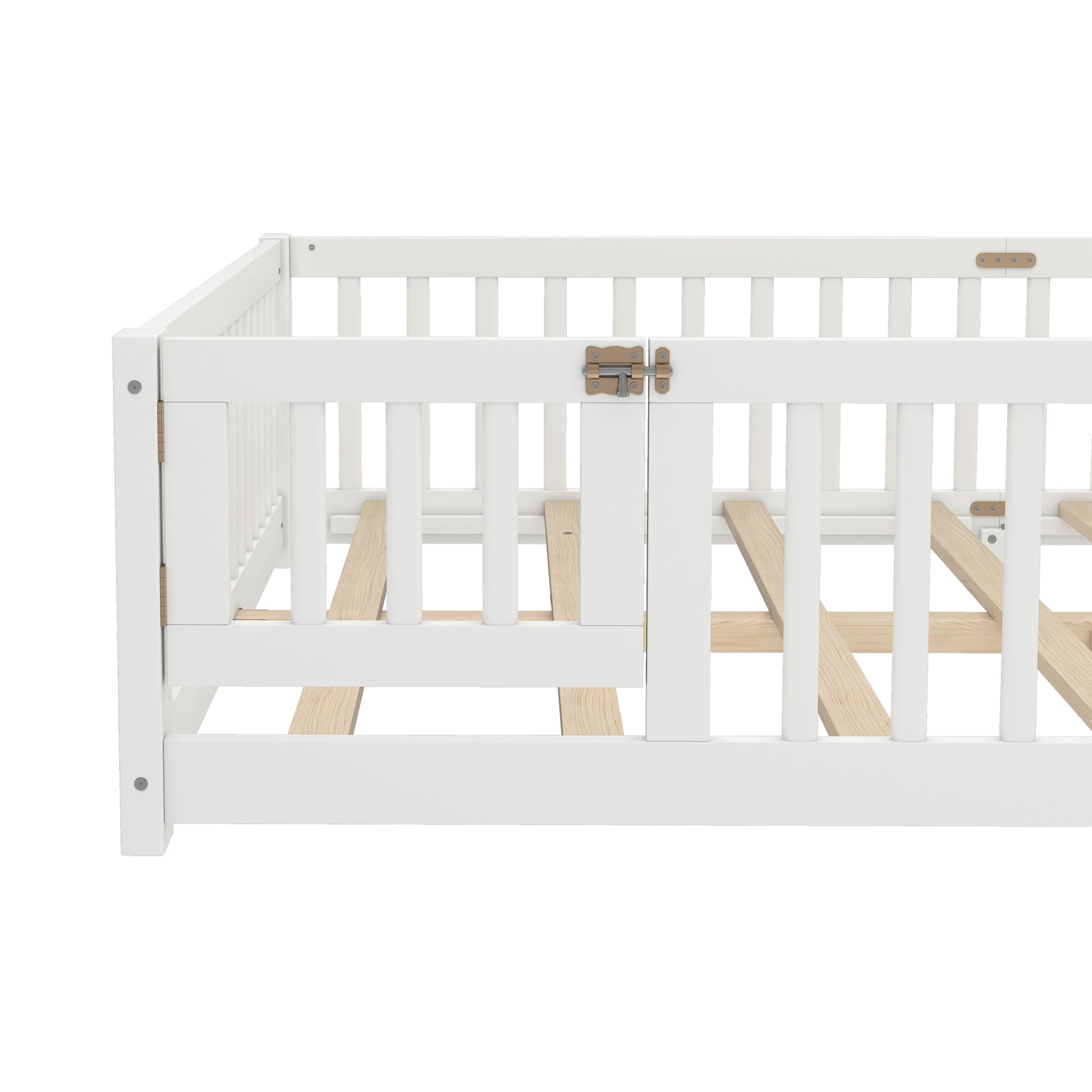 variant-group:rf-w1580p338953|Roomfitters Wooden Queen Floor Bed Frame with Door & Safety Guardrails, Low Platform Design for Bedroom or Playroom, White