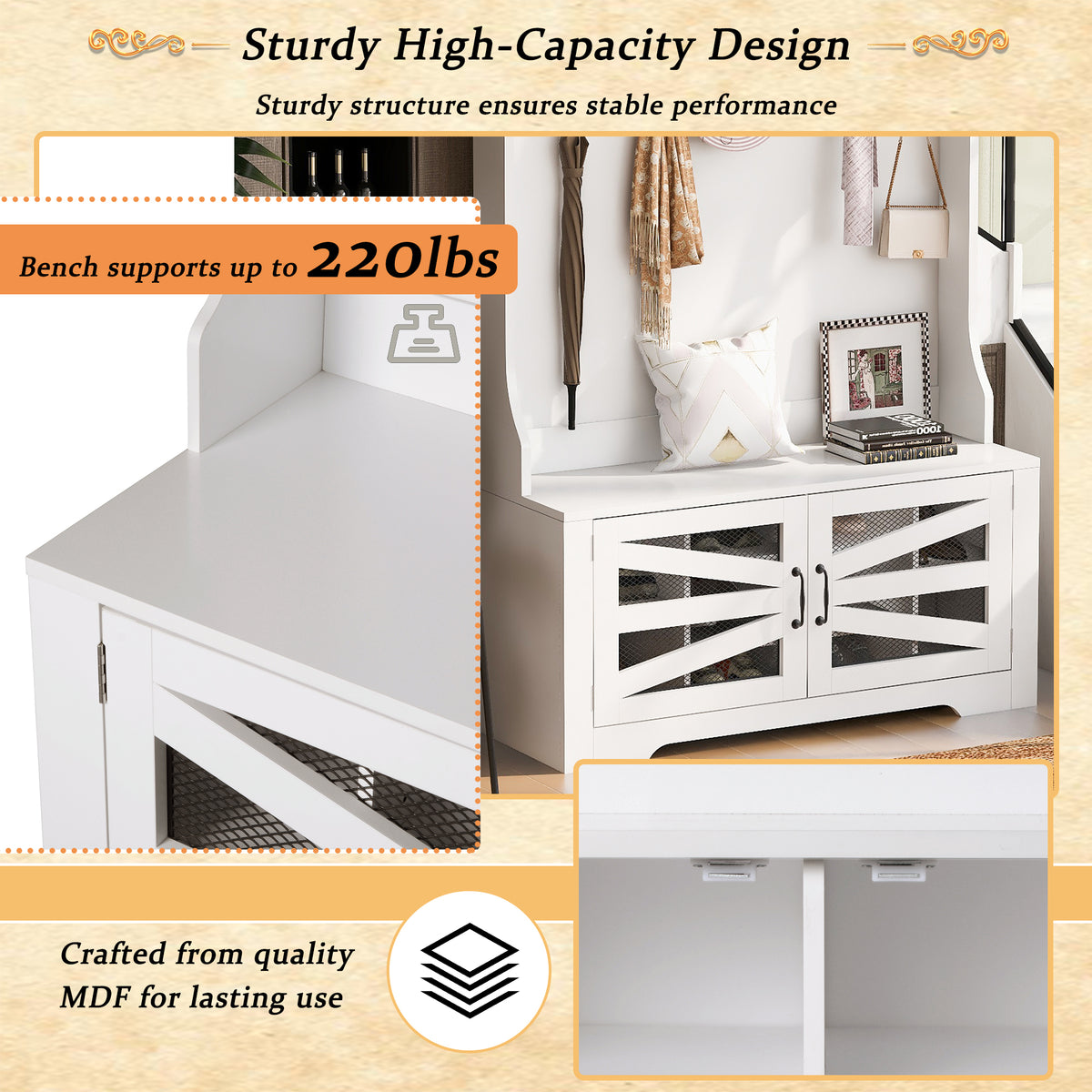 variant-group:rf-n724p264668k|Roomfitters 3-in-1 Entryway Bench with Coat Rack, Adjustable Shelves and 7 Hooks, 43.3" Hall Tree for Entrance or Living Room, White