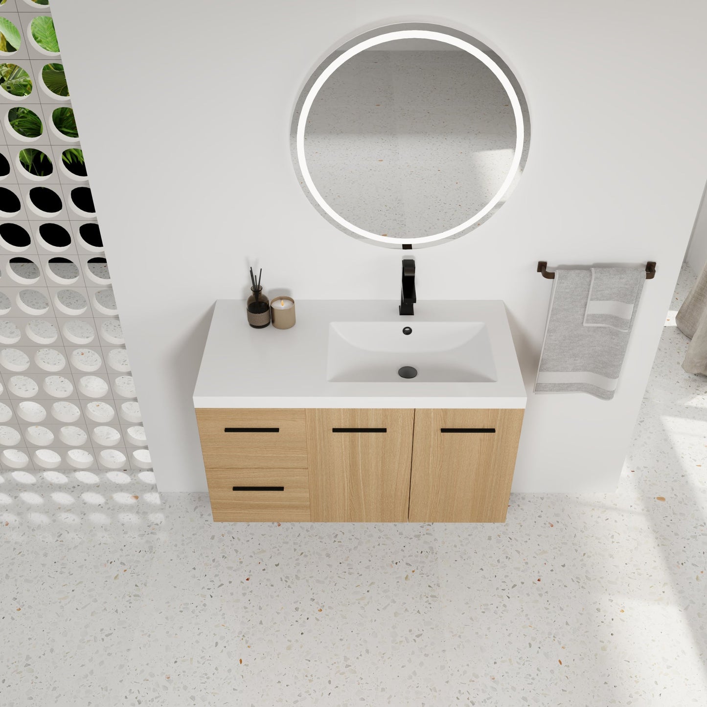 36" Wall-Mounted Floating Bathroom Vanity with Sink, Light Oak, 2-Door & 2-Drawer Modular Cabinet, Gel Coat Sink Top, 3 Boxes Roomfitters