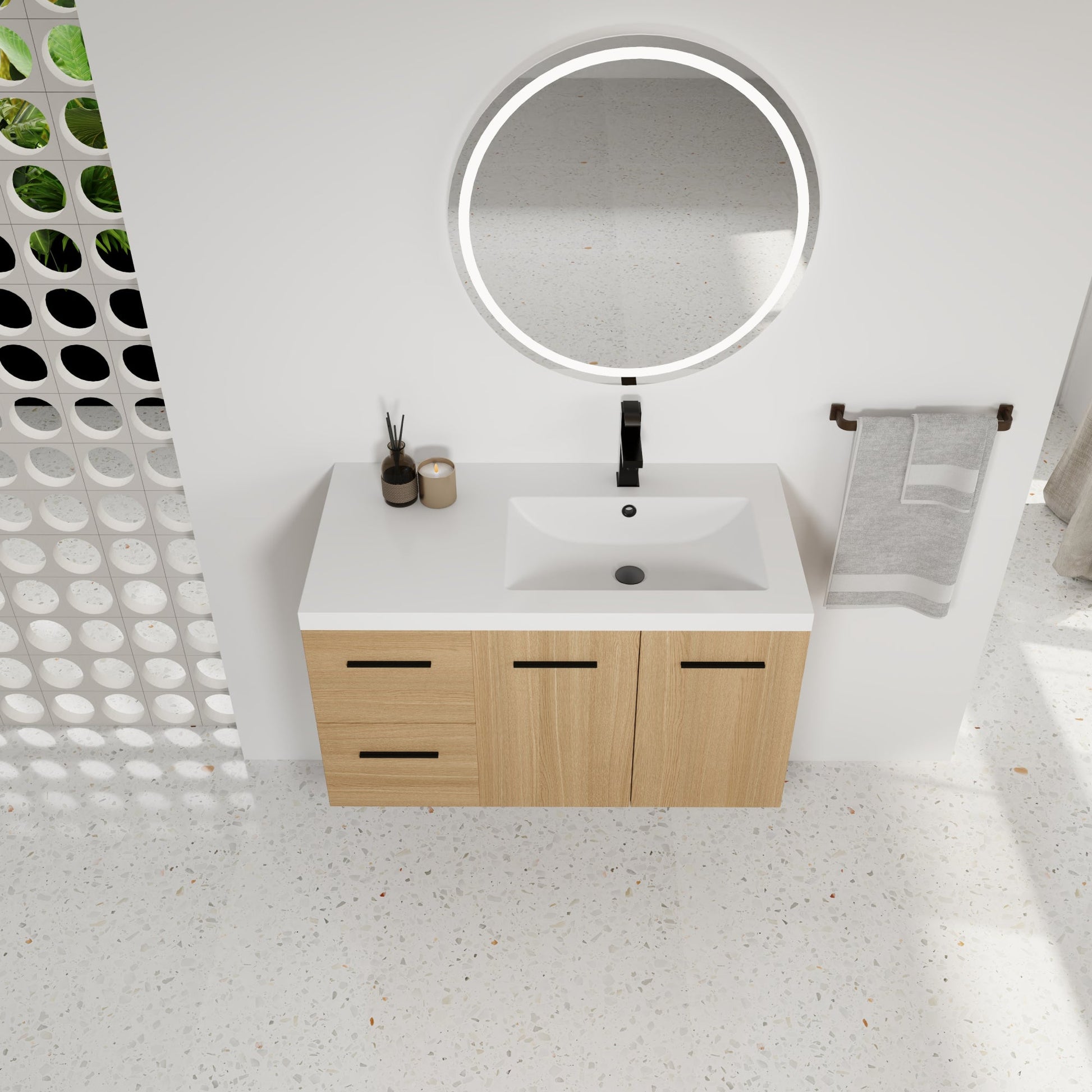 36" Wall-Mounted Floating Bathroom Vanity with Sink, Light Oak, 2-Door & 2-Drawer Modular Cabinet, Gel Coat Sink Top, 3 Boxes Roomfitters