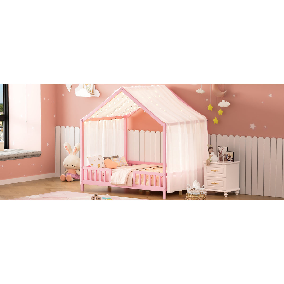 variant-group:rf-n733p356048h|Roomfitters Full Montessori Floor Bed with Canopy, House Shape Wood Frame with Safety Rails, Platform Bed, Pink