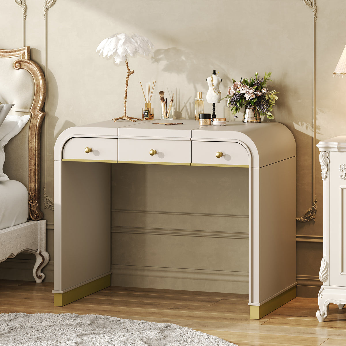 variant-group:rf-n704p381406c|Roomfitters Flip Top Vanity Desk with Mirror and Hidden Storage, Modern Makeup Table with Gold Trim for Small Space, Champagne