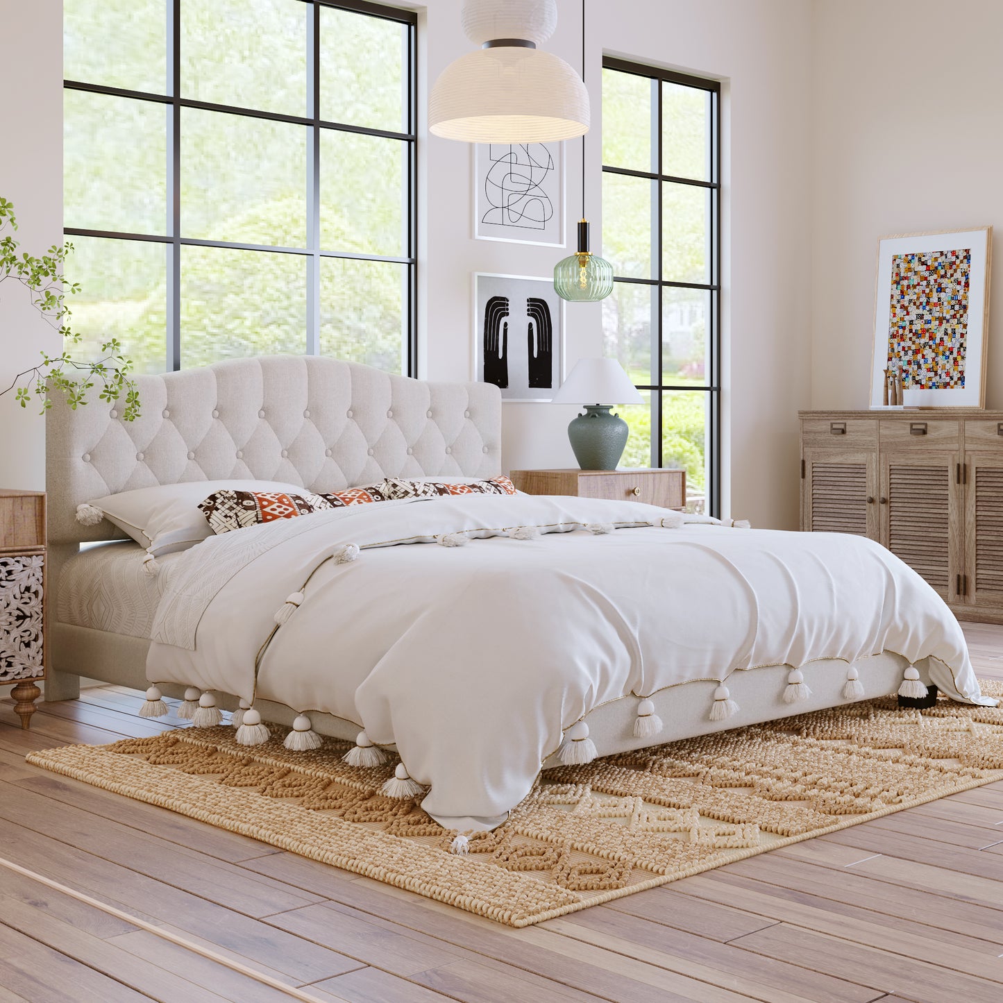 variant-group:rf-n701p342941b|Roomfitters King Size Elegant Tufted Upholstered Platform Bed Frame, Diamond Button Headboard, No Box Spring Needed, Beige