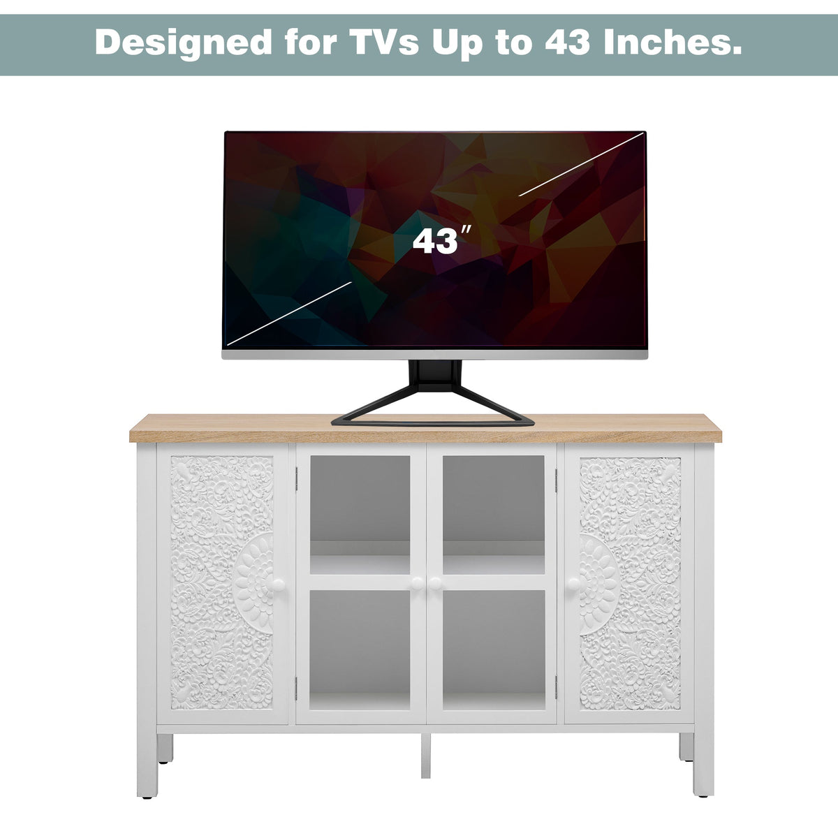 Roomfitters Retro TV Stand for up to 43 Inch TV, Media Console with Glass Cabinet Doors and Anti-Tip Safety Feature, White Roomfitters